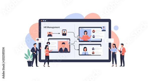 Corporate HR management software interface with professional team members.