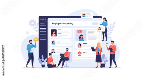 Corporate HR team managing employee onboarding process with digital software interface.
