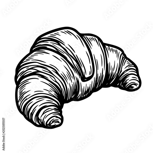 Quadro su tela A black and white hand-drawn illustration of a buttery croissant with detailed pastry layers and crust texture