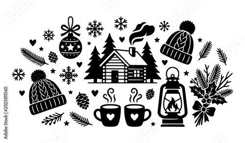 Fotografía Cozy winter cabin element set with log hut snowflakes knit hats hot chocolate mu