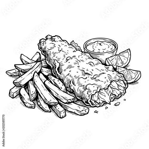 Bild auf Leinwand A black and white line art illustration of classic fish and chips with crispy fries, tartar sauce, and lemon wedges