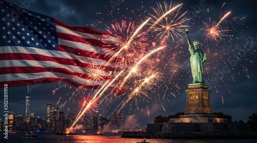 Vibrant celebration of american independence with fireworks over new york city skyline for commercial use