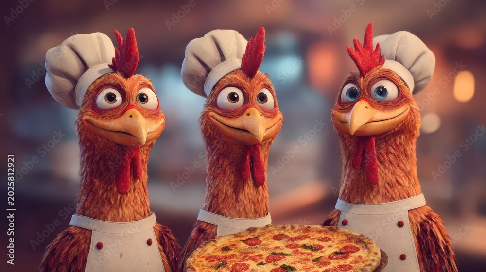 Fototapeta premium Three cartoon chickens in chef hats hold a pizza in a restaurant kitchen setting while smiling at the camera and showcasing their dish in the evening