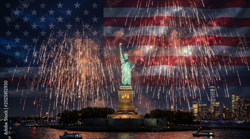 Vibrant fireworks illuminate the statue of liberty and us flag for an american celebration concept.