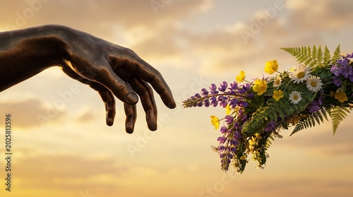 Creation of Adam Concept with Human Hand Reaching Out to Wildflowers over Sunset Sky Background