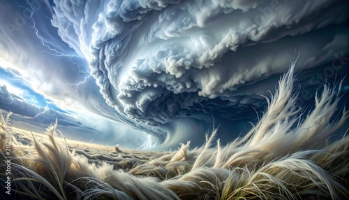 Dramatic storm clouds swirling with wispy fractus scud below blue sky in wide-angle view