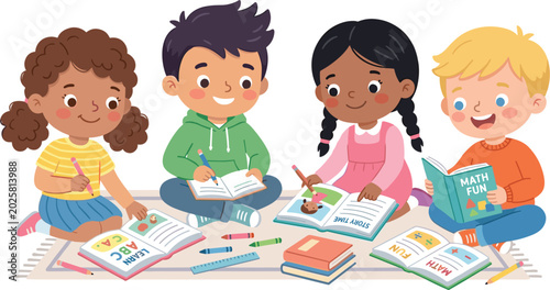 Diverse happy children reading and studying vector illustration set, preschool classroom elementary education concept