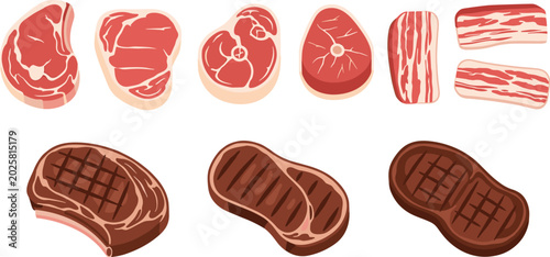 Bild auf Leinwand Flat vector illustration collection of raw and grilled meat cuts including beef