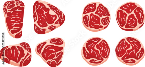 Foto Flat vector illustration collection of raw fresh marbled beef steaks featuring r