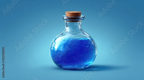 Clear glass bottle contains blue liquid with bubbles on a solid blue background