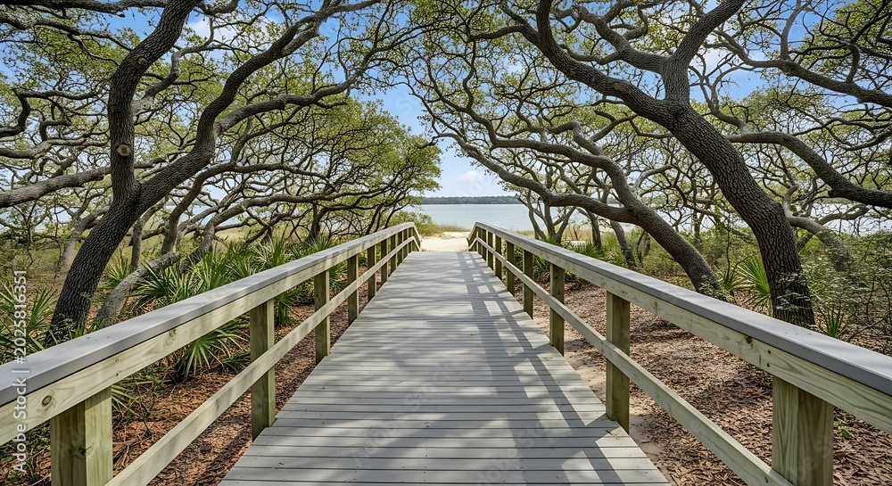 Obraz premium Wooden Boardwalk Leading to the Beach Under Trees.