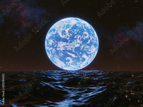 Earth planet glowing above dark ocean waves. Surreal night scene with celestial body reflecting on water surface. Astronomical concept of space travel and nature wonder of universe.