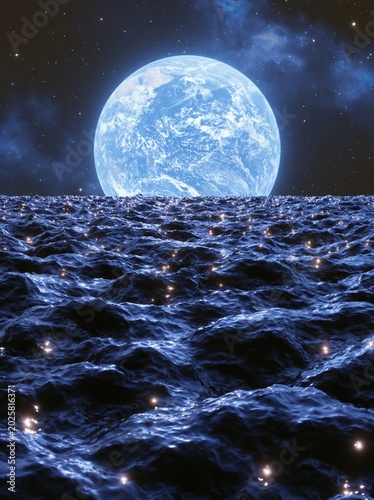 Large planet glowing over dark rippling ocean waves at night. Surreal view of Earth from an alien water world. Cinematic space exploration and cosmic fantasy discovery theme.