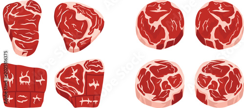 Tableau sur toile Flat vector illustration icon collection of fresh raw marbled beef steaks briske