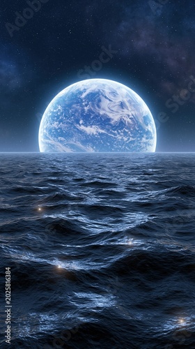Planet Earth rising over tranquil dark ocean water surface at night. Surreal cosmic landscape with glowing globe above rippling sea. Science fiction space exploration and nature concept.