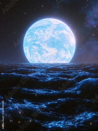 Planet Earth glowing above dark ocean waves at night under starry sky. Cosmic view of globe from space horizon. Surreal landscape fantasy background for science and nature concept.