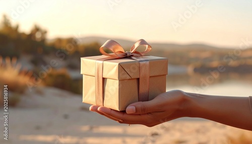 Hand Holding Gift Box on Beach.