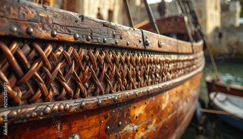 Rustic wooden boat with intricate rope lashing and copper rivets in heritage maritime setting