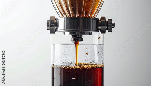 Cold drip coffee brewing tower with valve control and glass carafe in studio setting