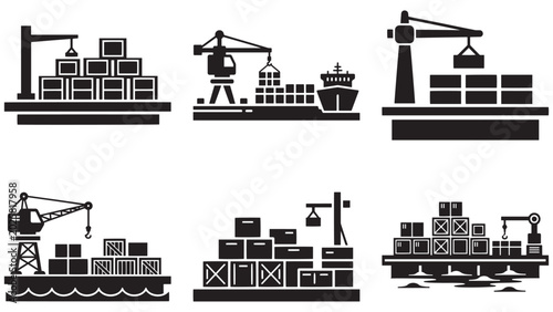 Industrial cargo port silhouette with cranes, stacked containers, warehouse loading docks and freight terminal logistics icons