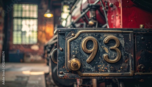 Vintage locomotive number plate with embossed 93 in rustic industrial workshop setting