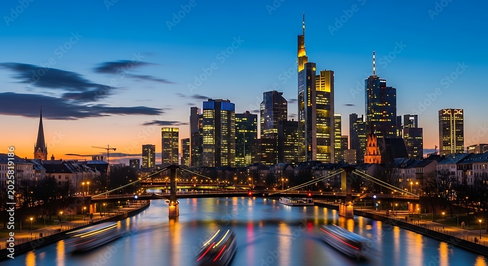 Obraz premium Frankfurt Skyline at Dusk - A Stunning Cityscape View.
