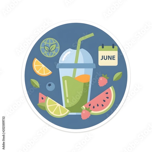 Fresh summer fruit smoothie in glass with straw and tag surrounded by tropical fruits and leaves