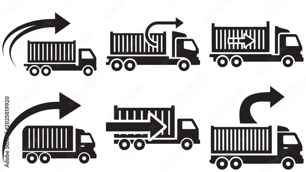 Obraz premium Cargo trucks with arrows showing shipping direction, freight transport and logistics delivery icons isolated on black background