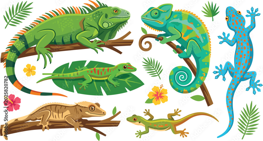 Fototapeta premium Cute lizards and reptiles cartoon vector character collection, featuring iguana chameleon gecko and tropical foliage