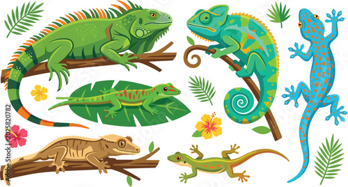 Cute lizards and reptiles cartoon vector character collection, featuring iguana chameleon gecko and tropical foliage