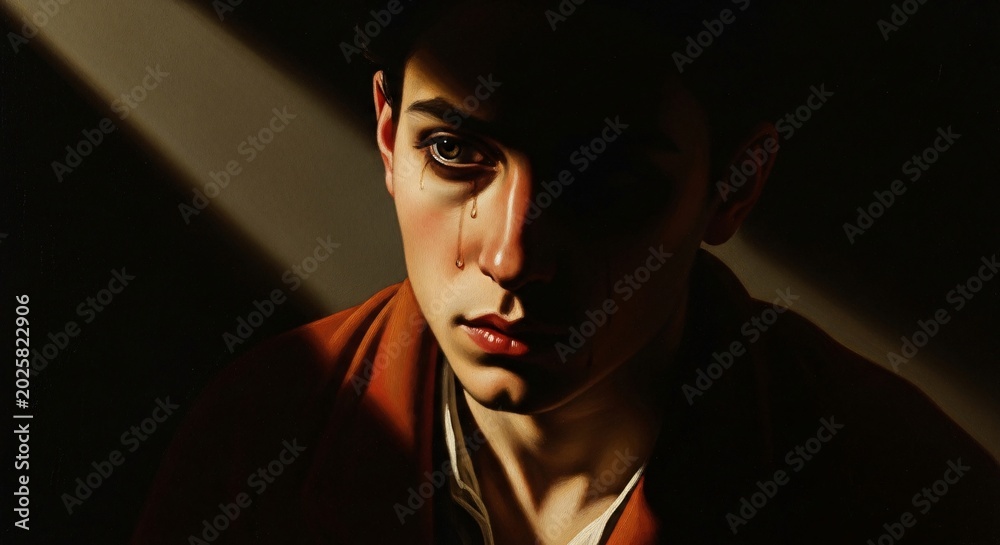 Fototapeta premium A poignant portrait capturing a moment of raw vulnerability and deep emotion, with a single tear reflecting quiet sorrow against the dramatic contrast of light and shadow on a young person's face