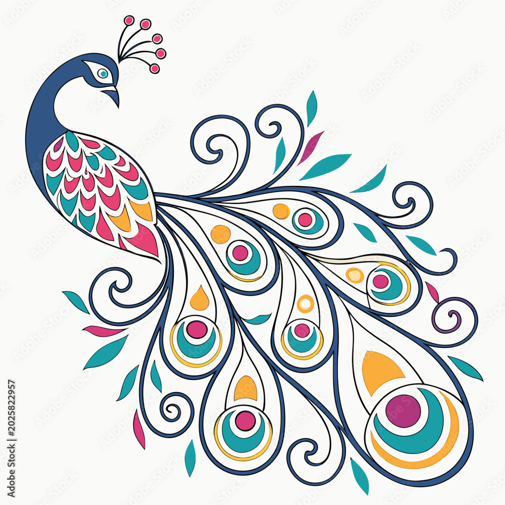 Fototapeta premium Beautiful peacock with swirling feather ornaments.