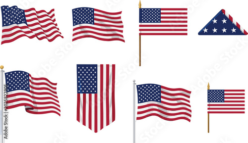 American flag vector collection, featuring different United States patriotic waving flags and folded banner elements