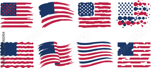 American flags in various artistic styles and designs  abstract representations