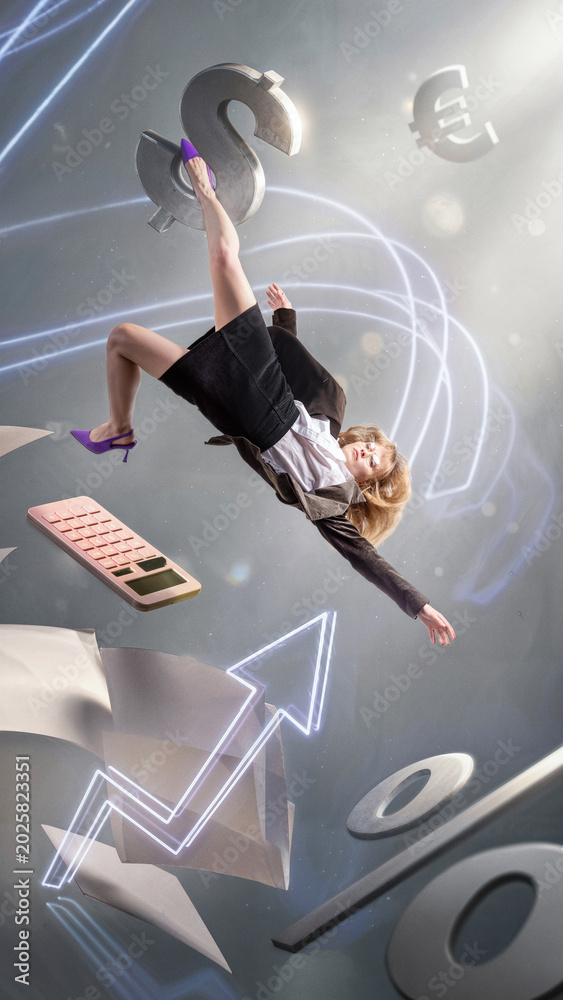 Obraz premium Businesswoman falling in finance space with dollar symbol calculator and growth arrow. Concept of market volatility, financial risk, investment pressure, budgeting, salary stress and business growth.