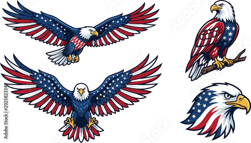 American patriotic bald eagle vector collection, featuring national bird flying sitting and head mascot designs