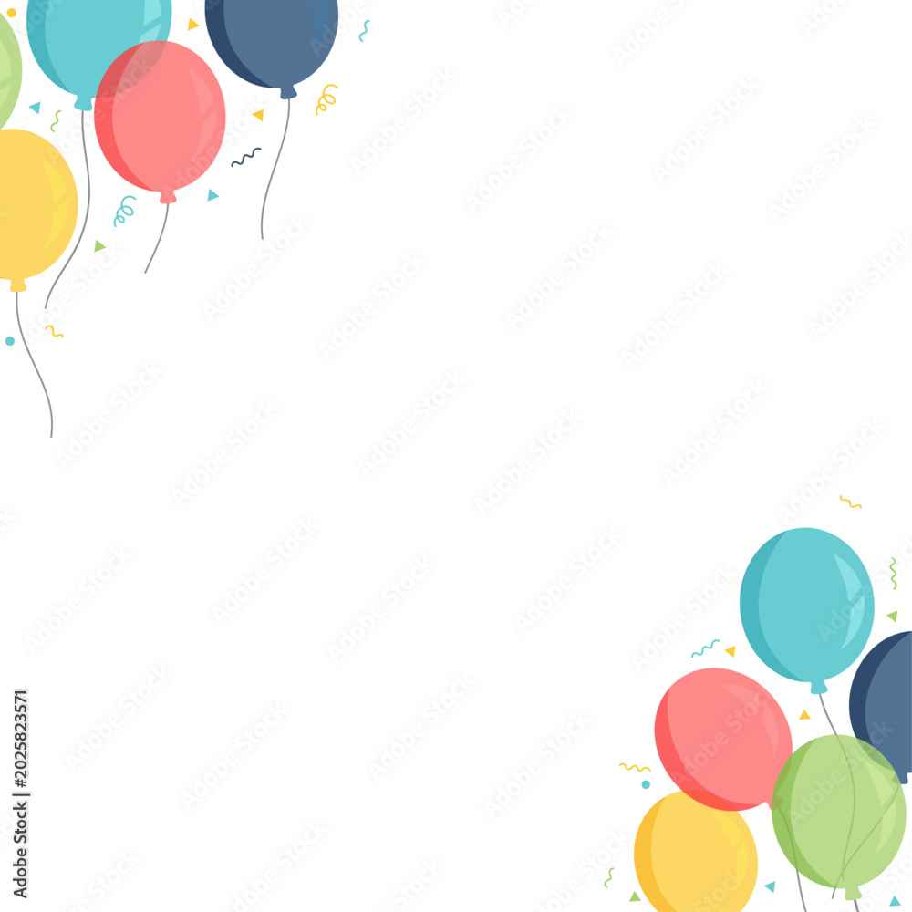 Fototapeta premium Fond festif avec ballons colorés dans les angles et grand espace vide pour texte, invitation, anniversaire, carte, affiche ou événement joyeux.