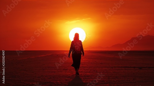 Silhueta humana no deserto com sol escaldante ao fundo