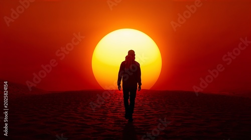 Silhueta humana no deserto com sol escaldante ao fundo