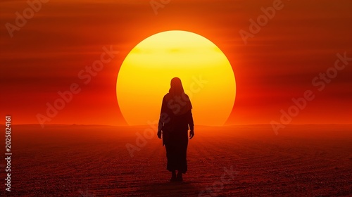 Silhueta humana no deserto com sol escaldante ao fundo