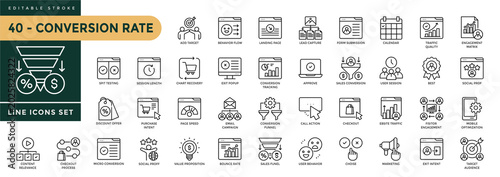 Foto A collection of Conversion Rate icons set with editable stroke, including target audience, split testing, call to action, traffic quality, customer behavior, analytics