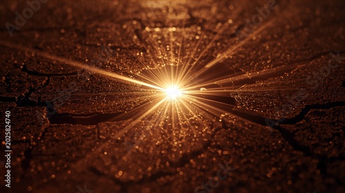 Sol refletindo em uma poça de água em um solo rachado