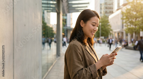 Smiling young Asian woman happily interacting with her smartphone while walking on a bustling urban street, showcasing modern connectivity and a cheerful city lifestyle