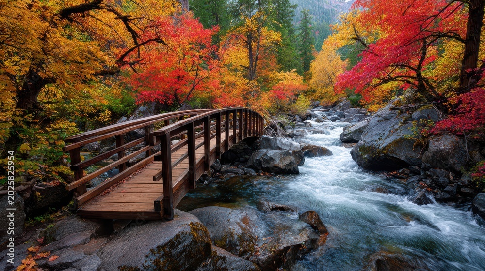 Obraz premium Colorful autumn scene with a wooden bridge over a river surrounded by vibrant trees in a forest setting