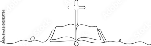 Billede på lærred Continuous line drawing Minimalist Christian cross, open holy book, simple line