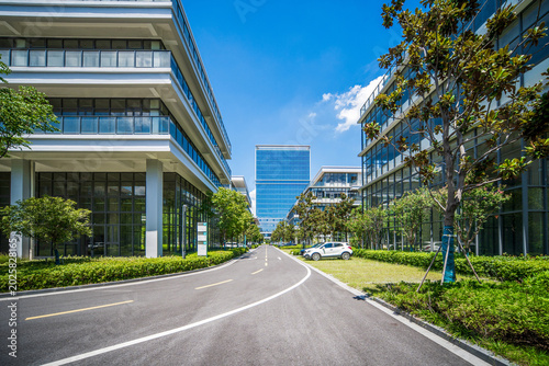 Bright and Inviting Modern Office Complex with Lush Green Surroundings
