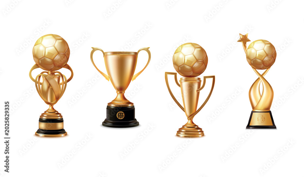 Fototapeta premium Soccer gold cup. Realistic golden football ball trophy cup sport team champion award winner prize league win ceremony best player championship 3d isolated exact vector illustration