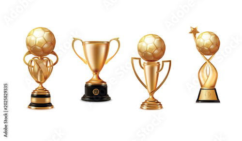 Soccer gold cup. Realistic golden football ball trophy cup sport team champion award winner prize league win ceremony best player championship 3d isolated exact vector illustration