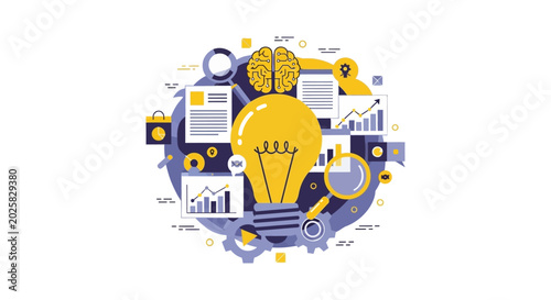 Strategic Business Innovation and Data Analytics Concept with Light Bulb, Brain, and Research Icons