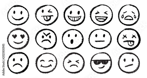 Crayon emoji. Hand drawn smile face, smiley icon happy sad laugh cry humor expression doodle comic characters chalk pencil texture child element set qualitative vector illustration